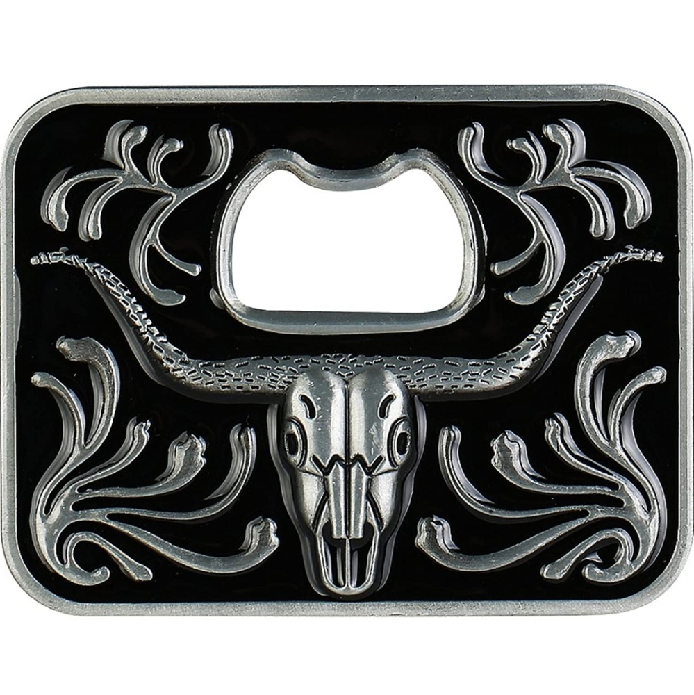 New black and silver western cowboy longhorn steer bottle opener belt buckle